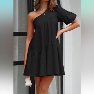 Summer Casual One Shoulder Mini Babydoll Dress Puff Sleeve Loose Tiered A Line